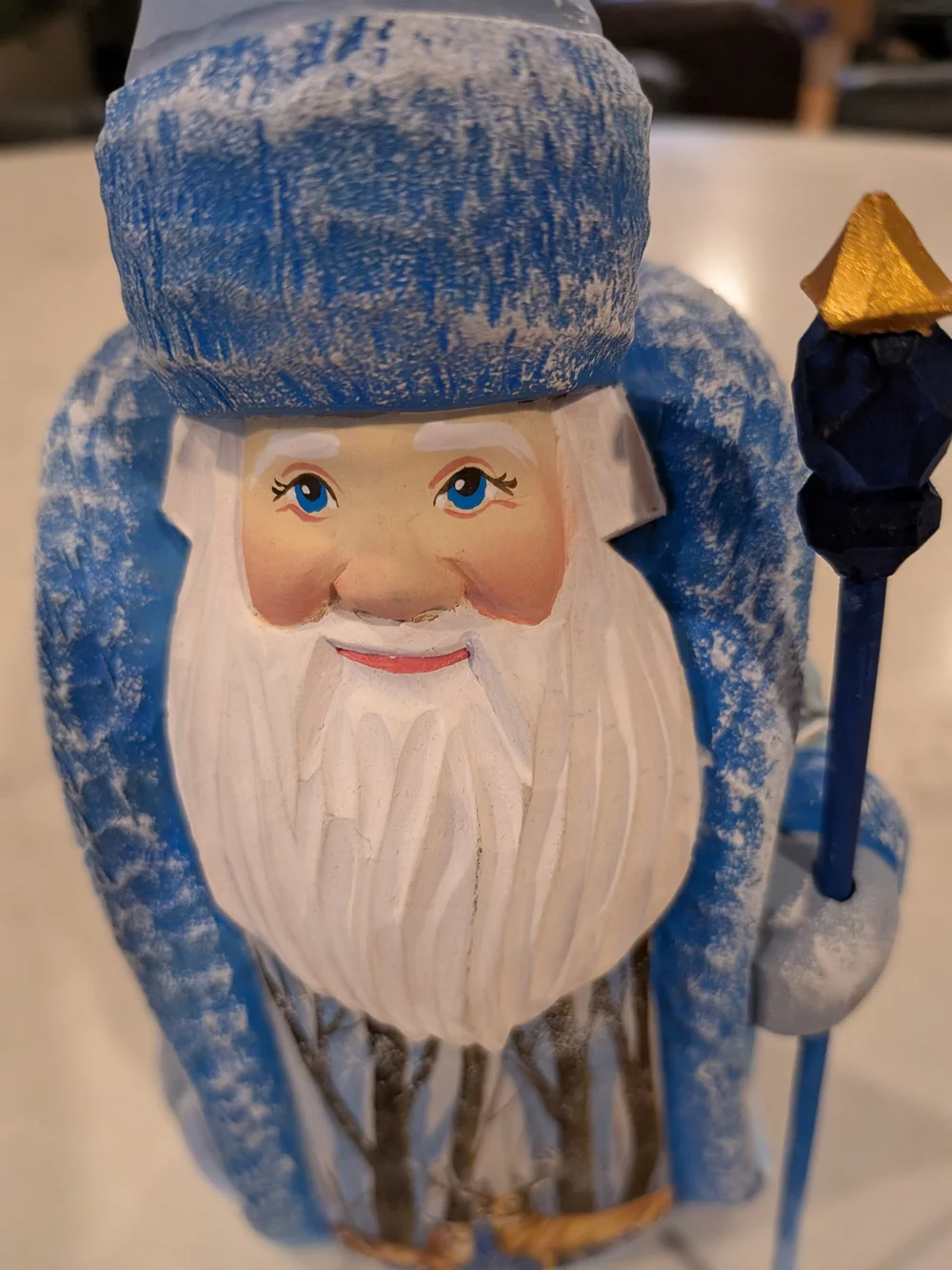 Wood Hand Carved & Painted Blue Santa Figurine Holiday Decoration 9.5